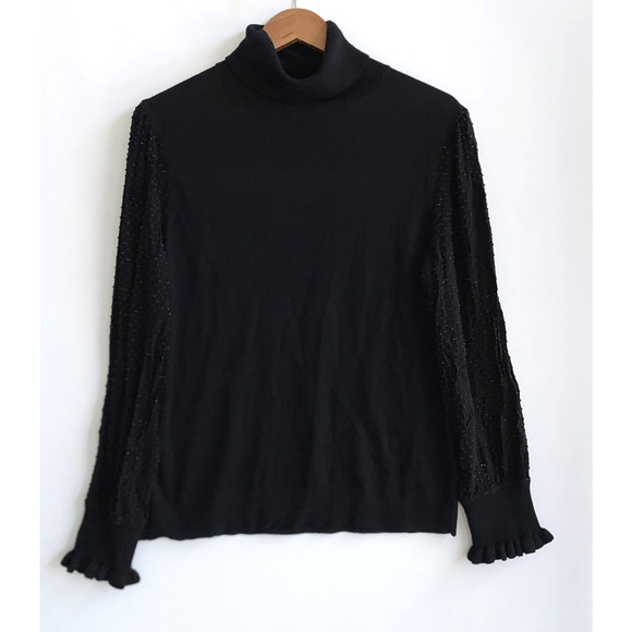 LOFT Black Turtleneck Knit Sweater Chiffon Textured Balloon Sleeve Ruffle Cuff L - Picture 1 of 4
